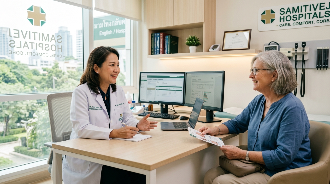 English-speaking doctor consulting with expat patient at a modern Pattaya hospital