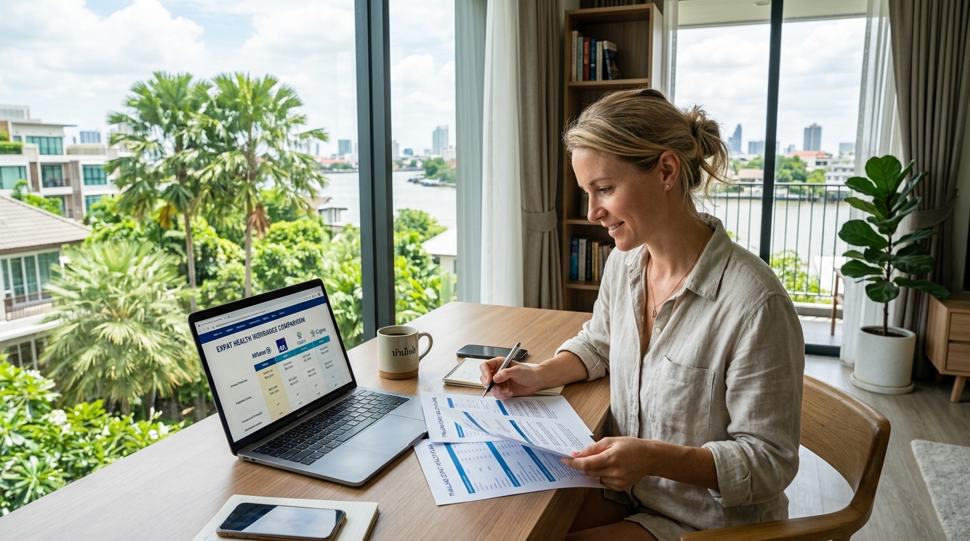 Expat reviewing health insurance options from her modern apartment in Thailand