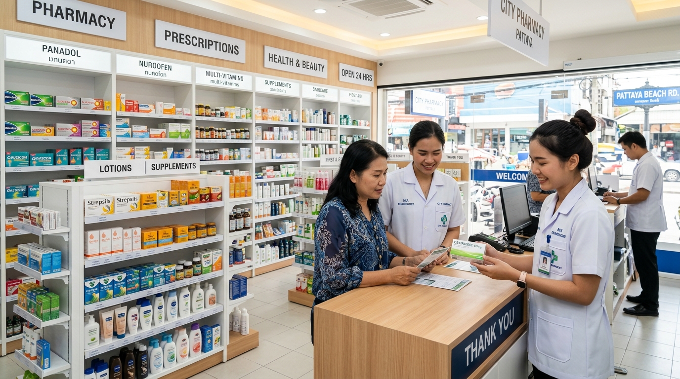 Well-stocked pharmacy in Pattaya Thailand with English-speaking pharmacist