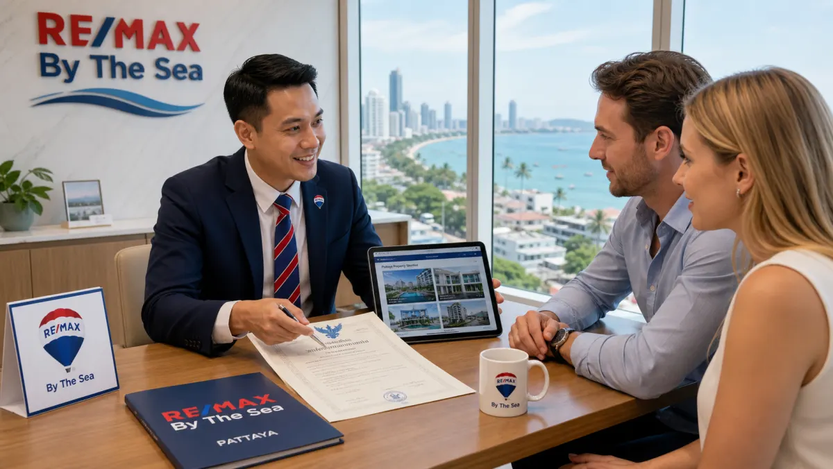 RE/MAX By The Sea Pattaya advisor reviewing property documents with foreign buyers