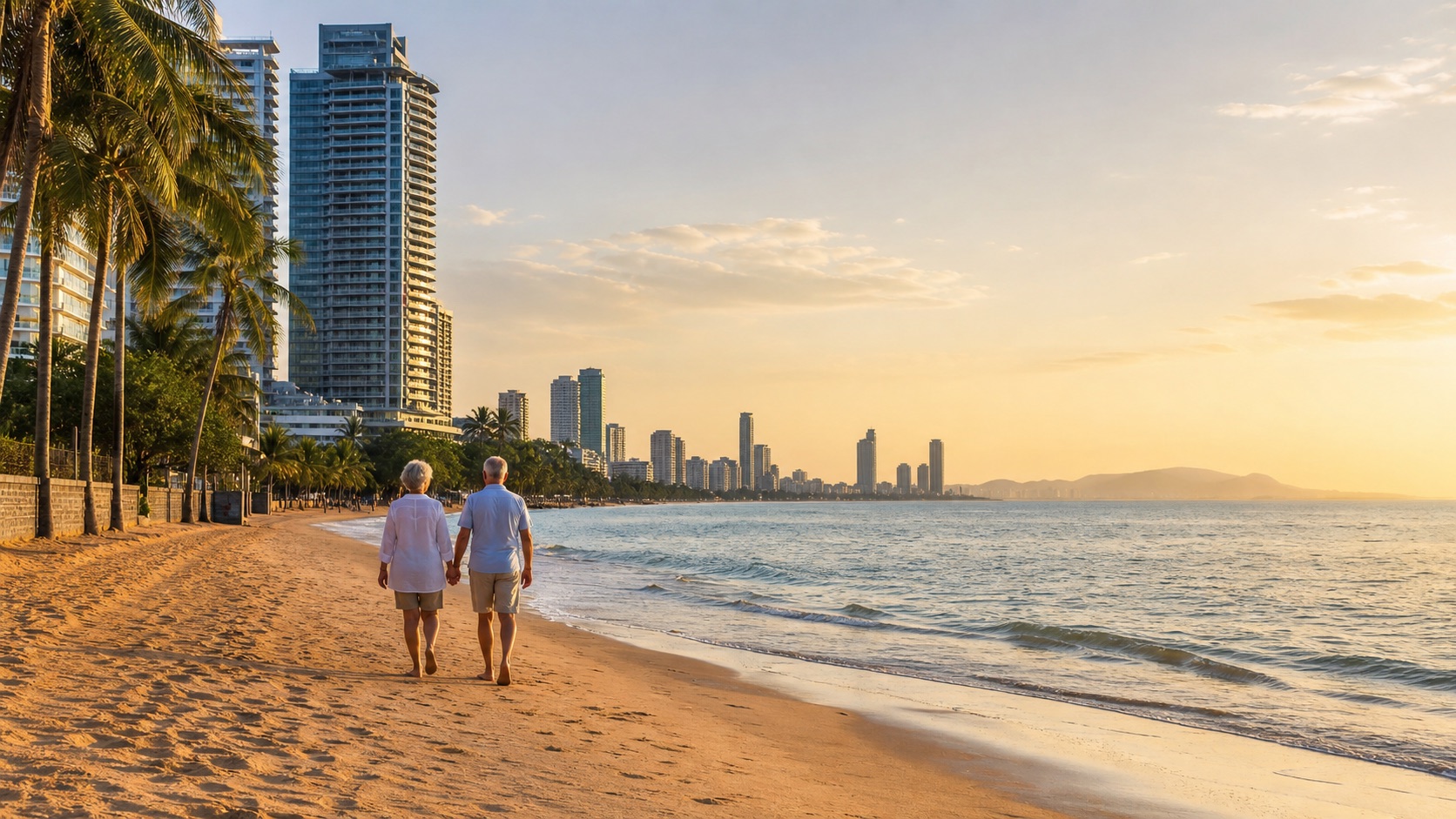 Retired couple walking on Jomtien Beach at sunrise with Pattaya beachfront condominiums nearby