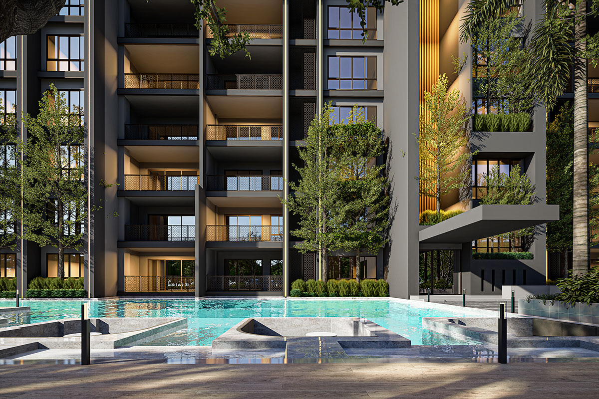 Zensiri Residences swimming pool and landscaped grounds render