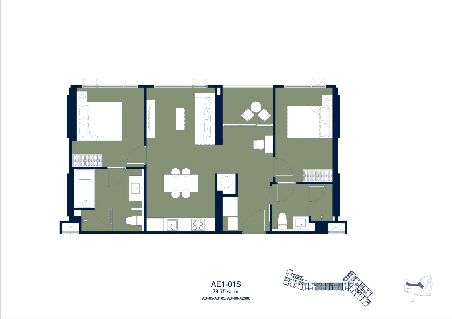 Aquarous Jomtien 2 Bedrooms Executive floor plan
