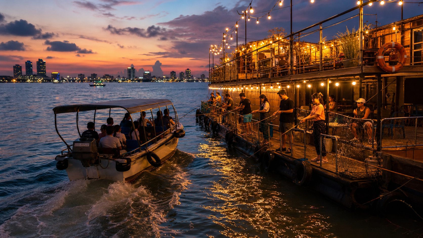 Visitors arriving at a floating squid fishing café in Pattaya Bay