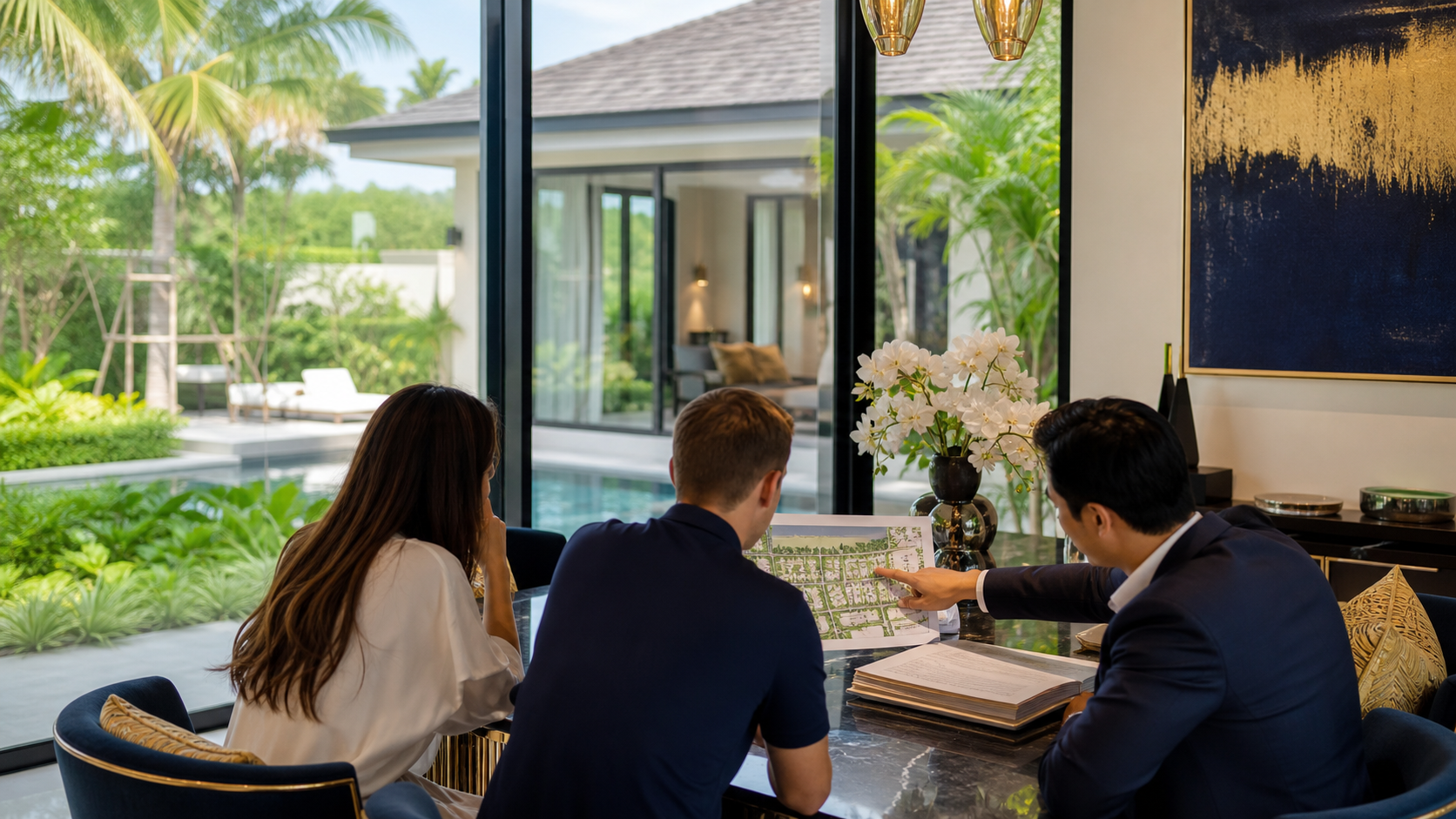 Foreign buyers reviewing a Thailand property structure with an adviser