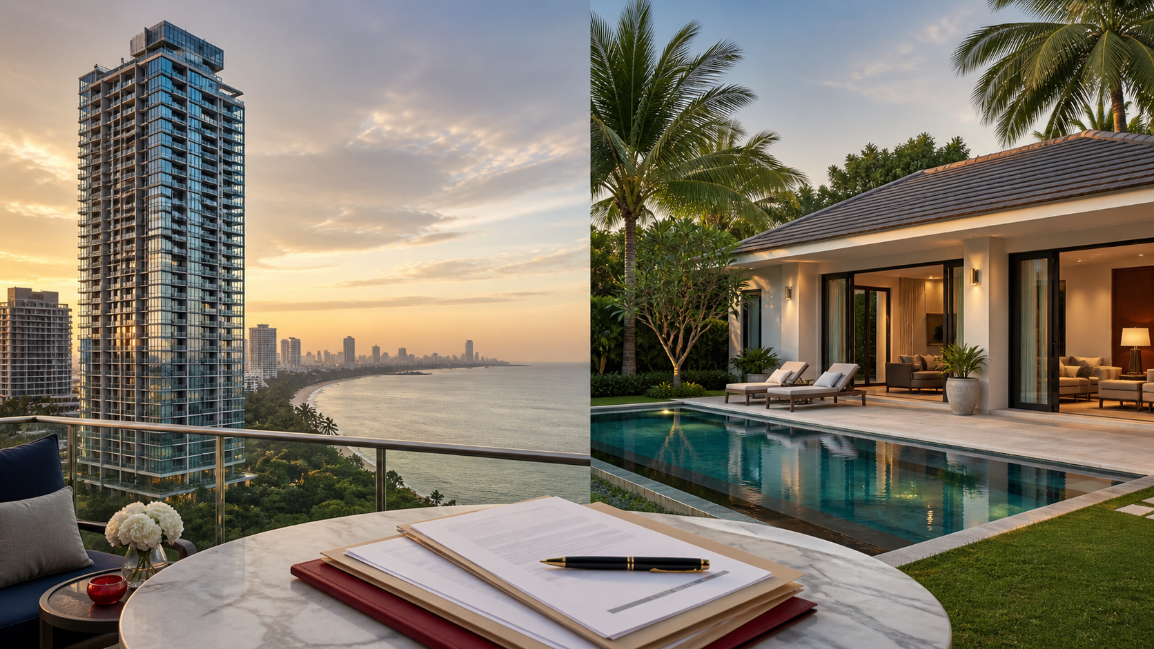 Thailand property decision visual showing a beachfront condominium, tropical villa, and title-document review