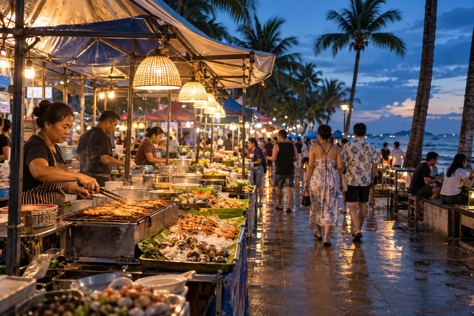 Open-air food market beside Jomtien Beach at blue hour after rain