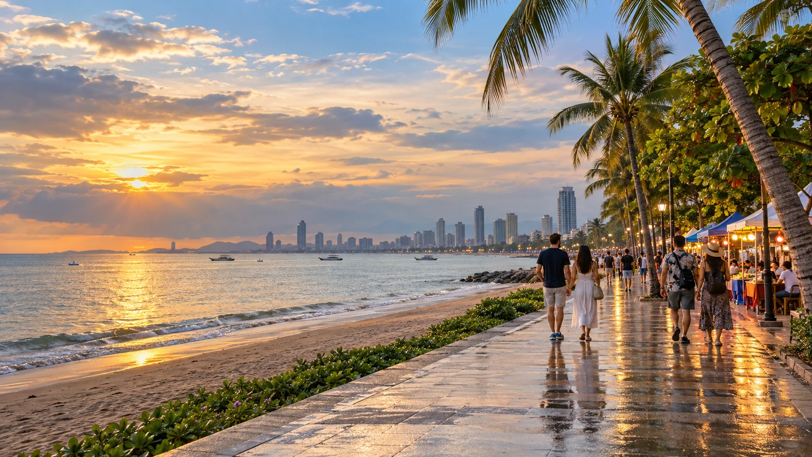 Jomtien Beach promenade and Pattaya coastline glowing at sunset after a tropical rain