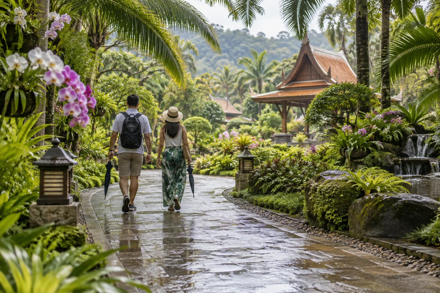 Visitors walking through a lush tropical garden near Pattaya after rain